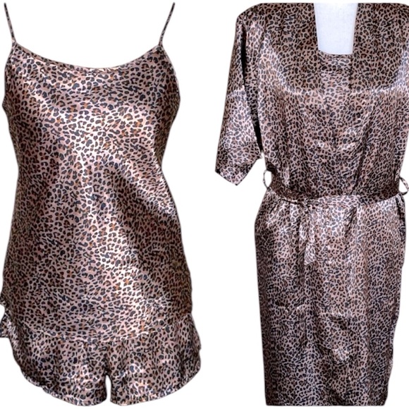 Emme Jordan 3pc Satin Pajama Set Robe Cami & Shorts Leopard Animal Print - Picture 1 of 16